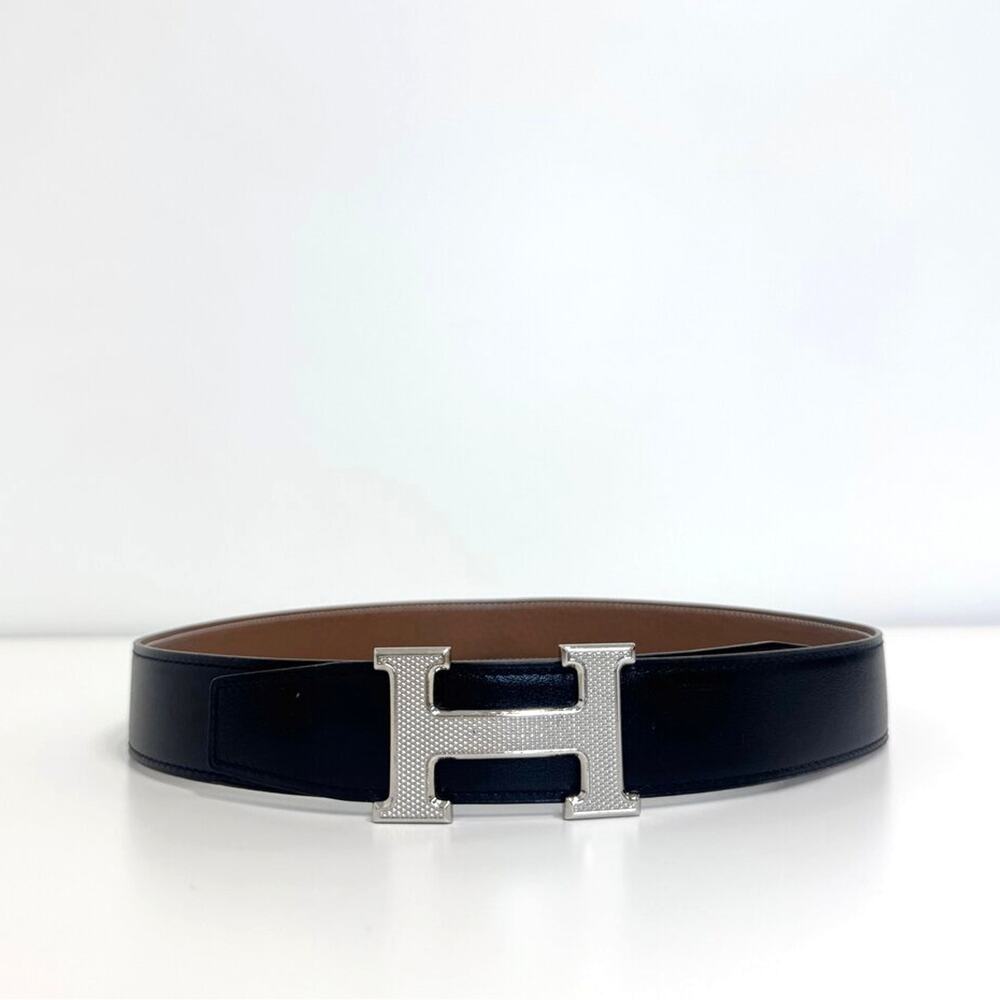 HERMES H-Guillochee Reversible Silver H Buckle Belt Black and Brown Leather
